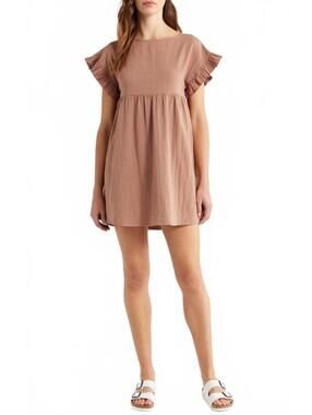 Billabong So Breezy Gauze Cotton Babydoll Mini Dress Brown NWT FLAW Large